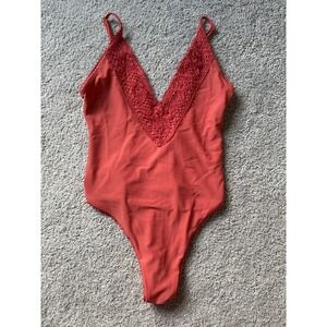 Aerie Crochet Lace Trim V Neck Back High Cut One Piece‎ Swimsuit Rust Orange S